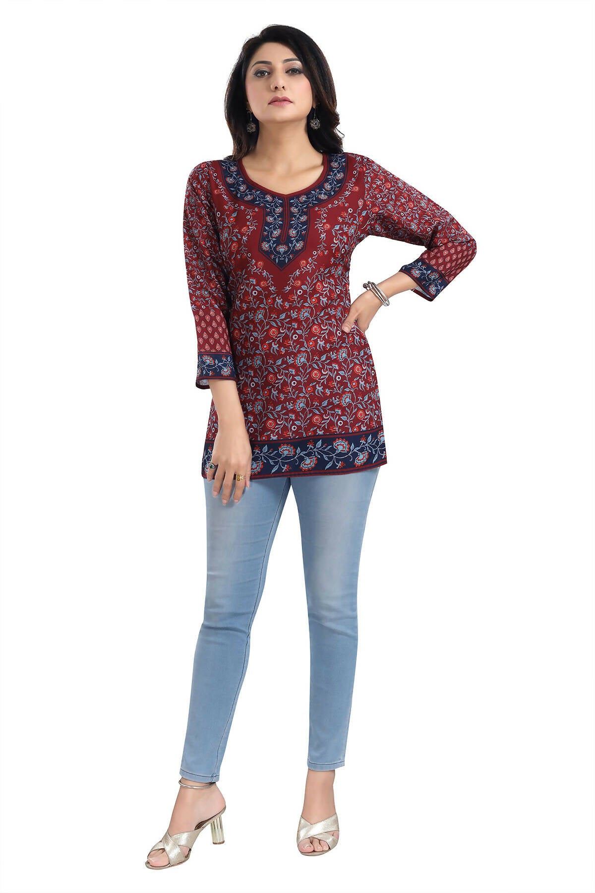 Snehal Creations Magical Maroon Summer Cool Printed Short Kurti Tunic Top - Distacart