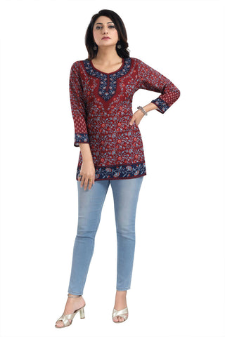 Snehal Creations Magical Maroon Summer Cool Printed Short Kurti Tunic Top - Distacart