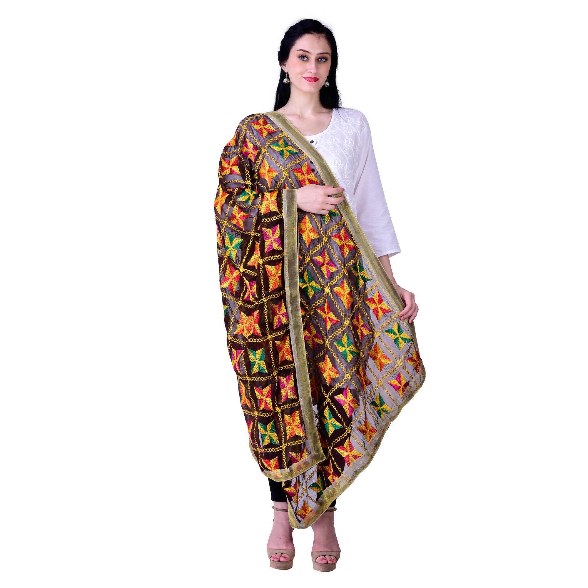 SWI Stylish Embroidered Phulkari Chiffon Coffee Color Dupatta