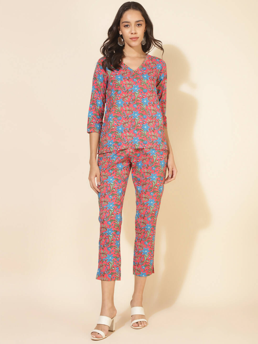 Janasya Women's Pink Cotton Floral Printed Casual Regular Co-ords - Distacart