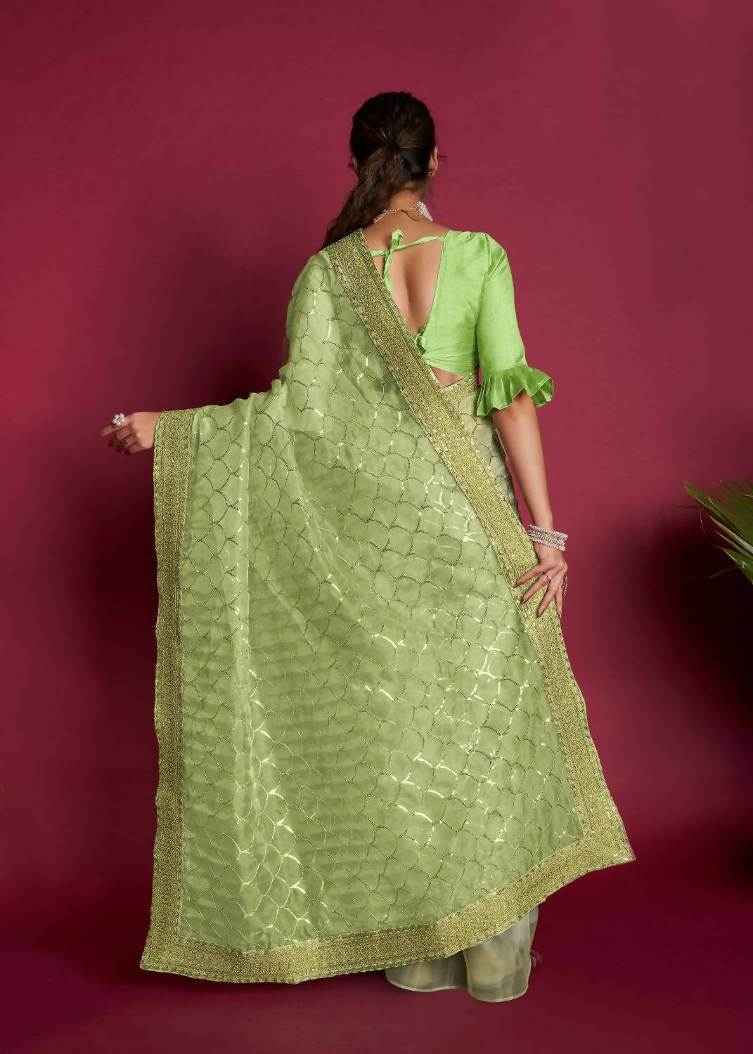 Vamsee Green Organza Saree - Distacart