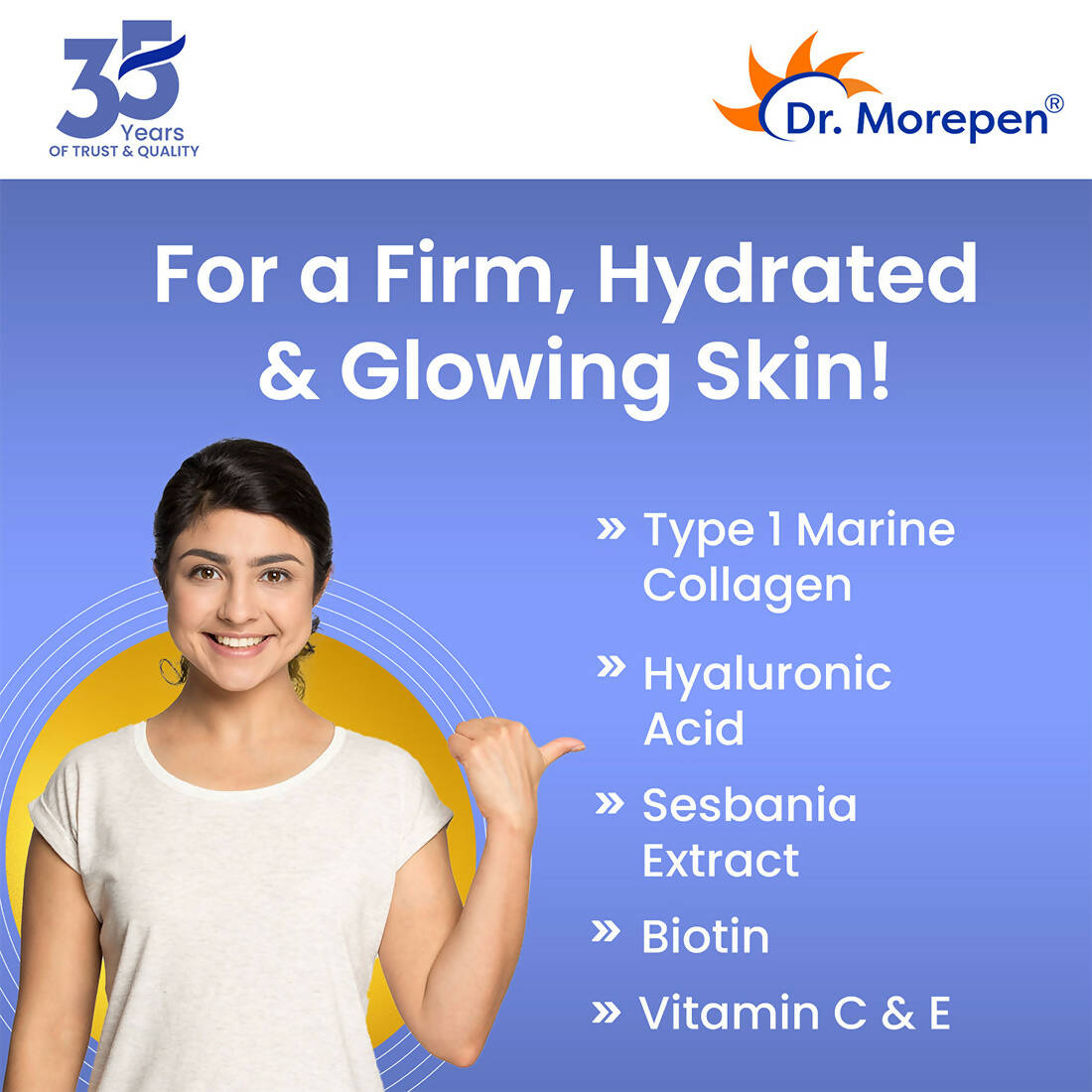 Dr. Morepen Skin Collagen Protein Powder With Hyaluronic Acid, Vitamin C, Sesbania & Biotin - Pineapple Flavour - Distacart