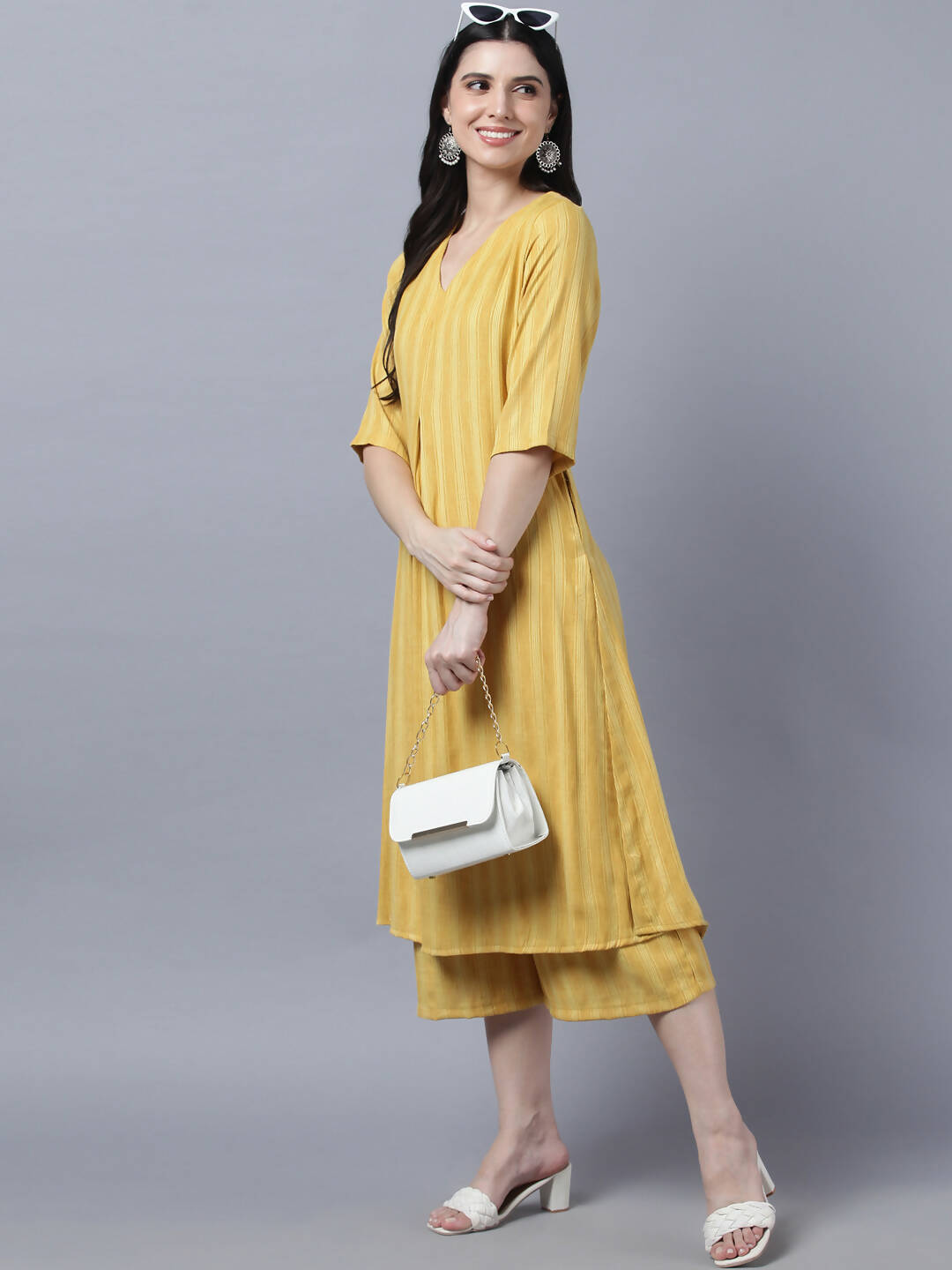 Myshka Stylish Yellow Cotton 3/4 Sleeve Women's Kurta Palazzo Set - Distacart