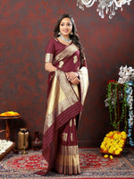Thumbnail for Lorenvalley Fashion Maroon Soft Silk Woven Design Gold Zari Weaving Saree - Distacart