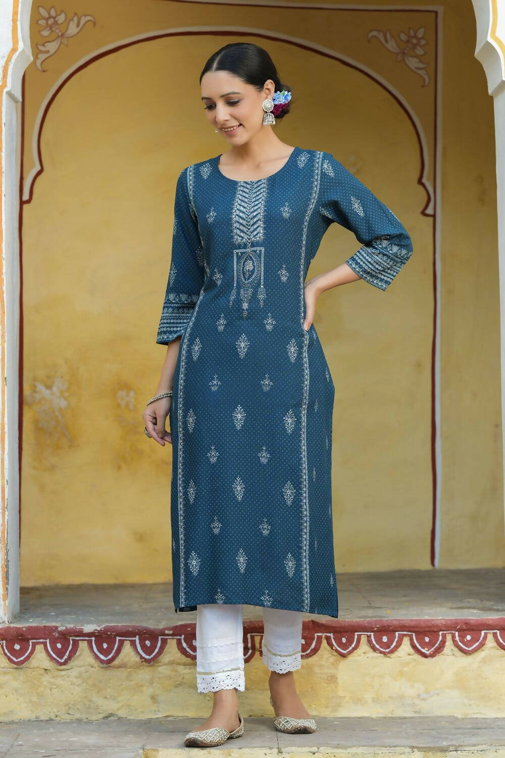 Juniper Women's Blue Rayon Staple Printed Straight Kurta - Distacart