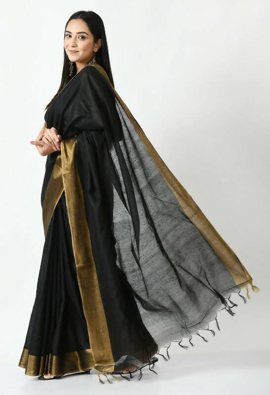 Mominos Fashion Moeza Black Bhagalpuri Handloom Silk Jay Shree Saree with unstitched Blouse piece - Distacart