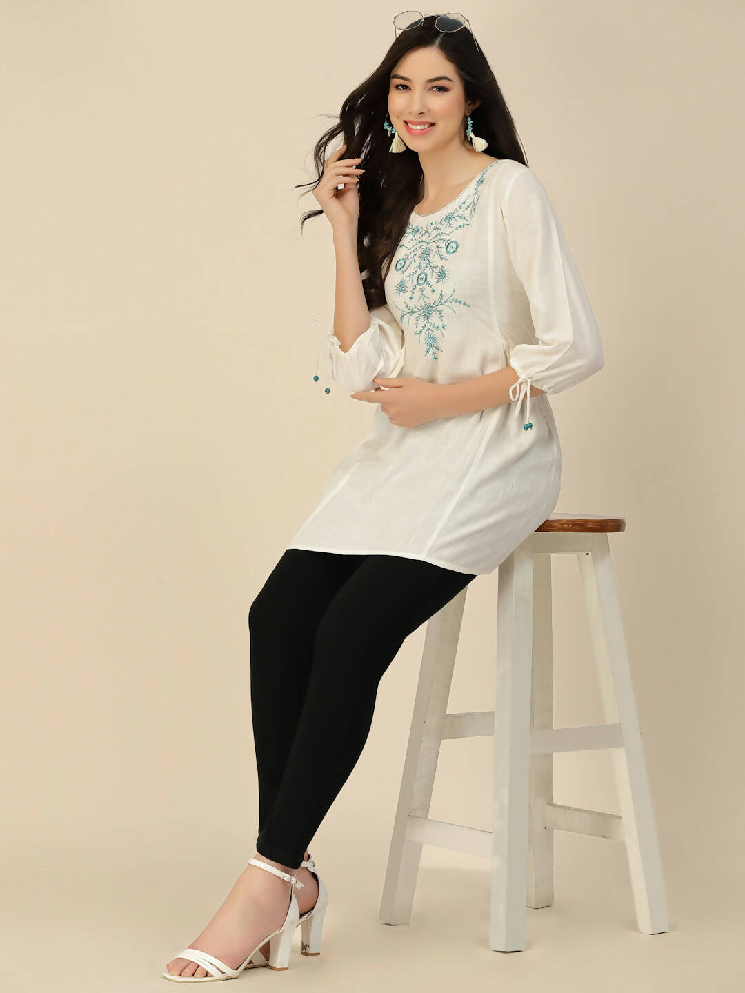 White Poly Rayon Floral Embroidered Top - Zeny - Distacart