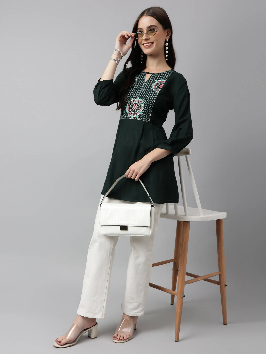 Green Rayon Yoke Embroidered A-line Top - Tarini - Distacart