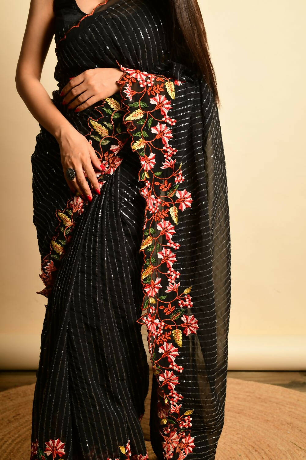 Vastrasky Black Georgette Designer Saree - Distacart