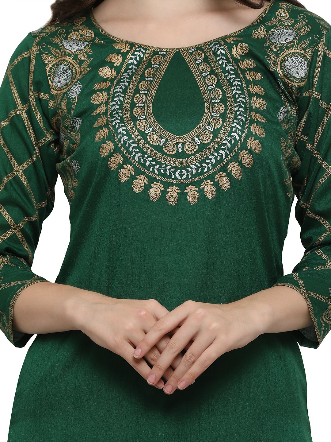 Ahalyaa Women's Green Poly Silk Gold Foil Print Kurta