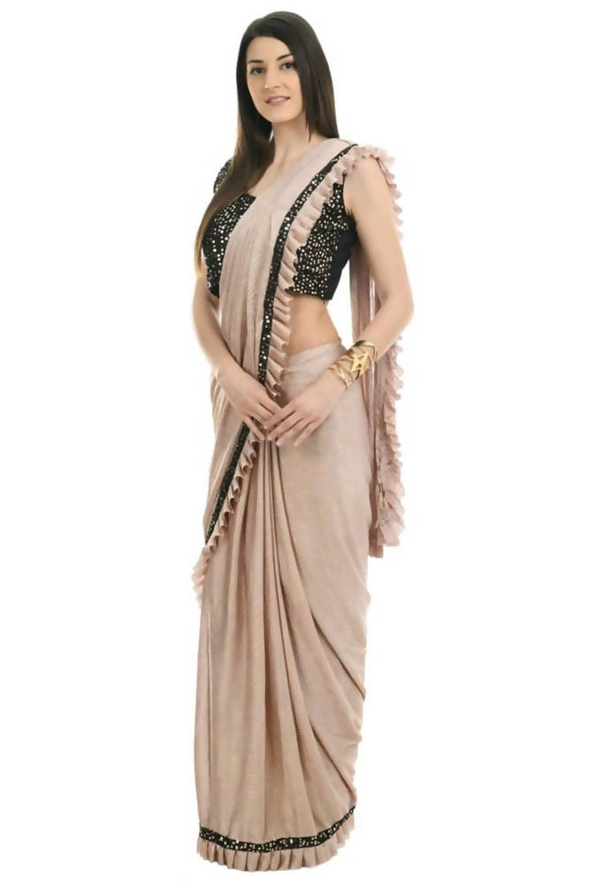 Mominos Fashion All Season Wear Beige And Black Colour Ruffled Ready To Wear Saree - Distacart