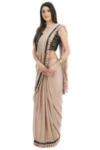 Thumbnail for Mominos Fashion All Season Wear Beige And Black Colour Ruffled Ready To Wear Saree - Distacart