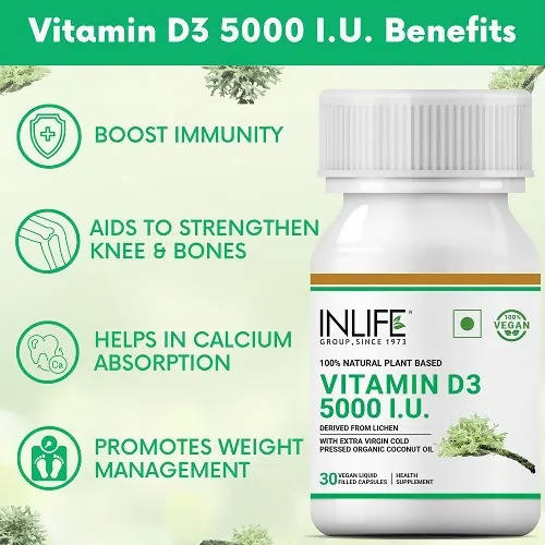 Inlife Vitamin D3 5000 IU Capsules Without Gelatin