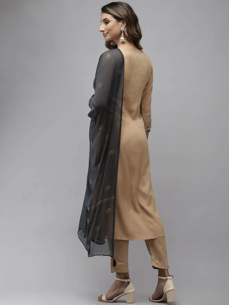Yufta Women Beige & Charcoal Grey Ethnic Motifs Embroidered Kurta with Trouser & Dupatta