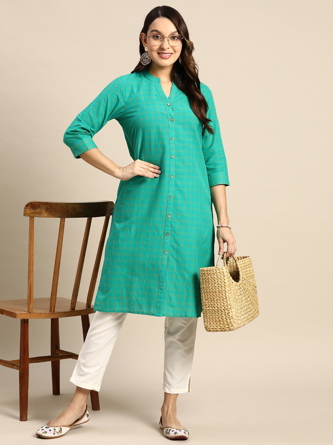 Sangria Checked Mandarin Collar Pure Cotton Kurta - Distacart