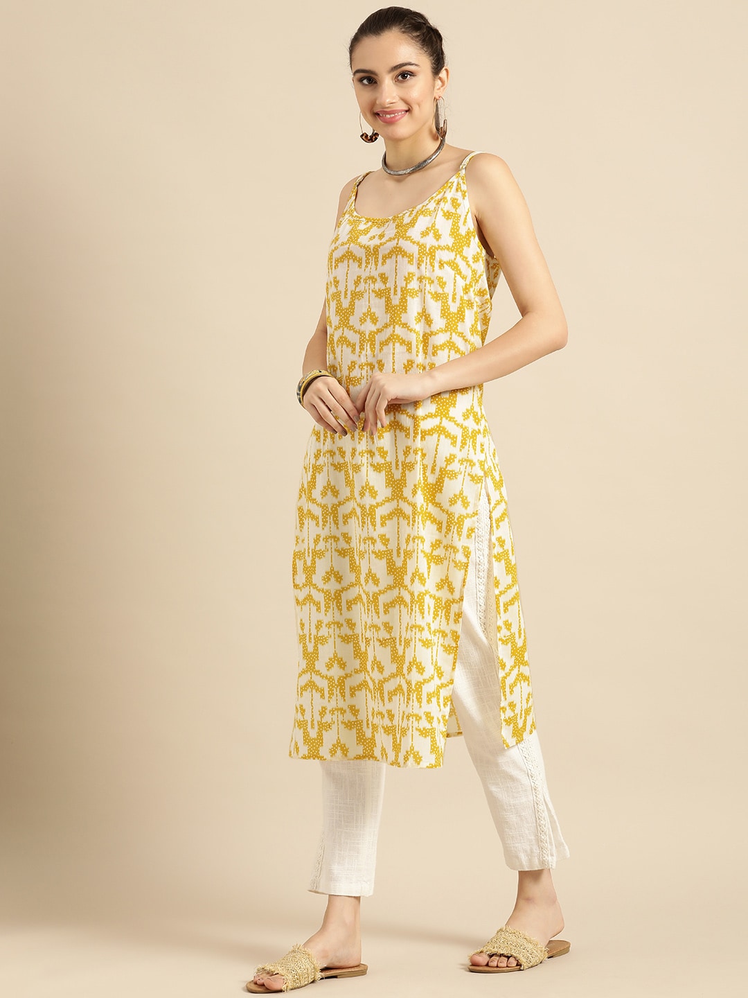 Sangria Women Mustard Yellow & Yellow Printed Cotton Kurta - Distacart