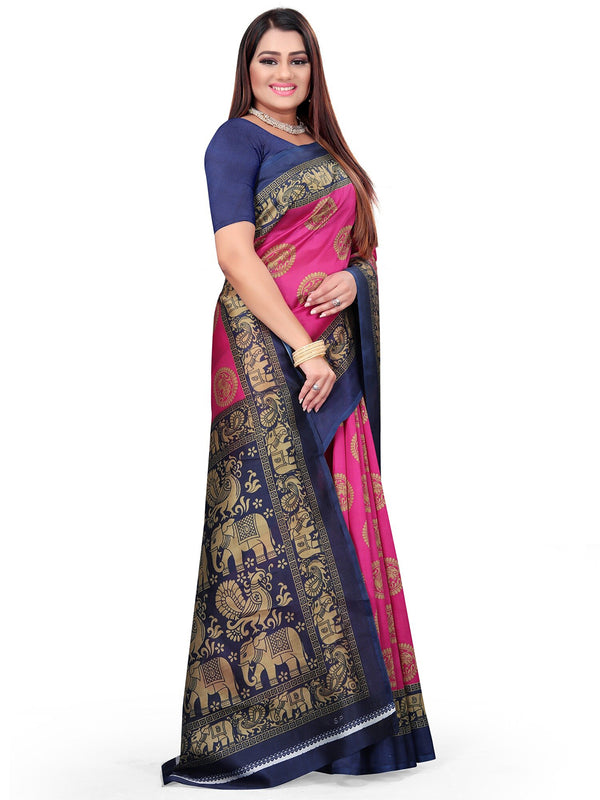 Kalini Pink & Navy Blue Ethnic Motifs Art Silk Half and Half Mysore Silk Saree - Distacart