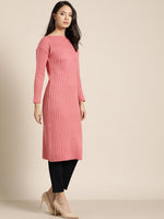 Thumbnail for Sangria Pink Self-Striped Straight Winter Kurta - Distacart