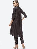 Thumbnail for Biba Women Navy Blue Striped Panelled Kurti with Trousers - Distacart