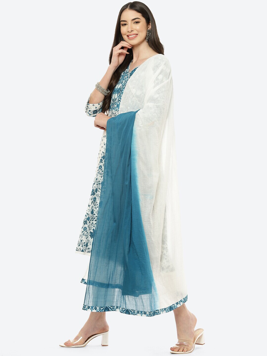 Biba Women Blue Floral Printed Empire Pure Cotton Kurta with Trousers & Dupatta - Distacart