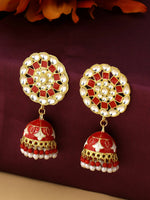 Thumbnail for NVR Women Gold Plated Red Dome Shaped Meenkari Jhumkas Earrings - Distacart