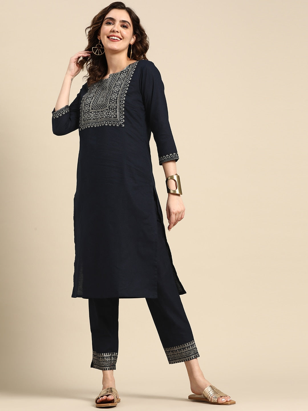 Sangria Women Ethnic Motifs Yoke Design Regular Pure Cotton Kurta with Trousers - Distacart