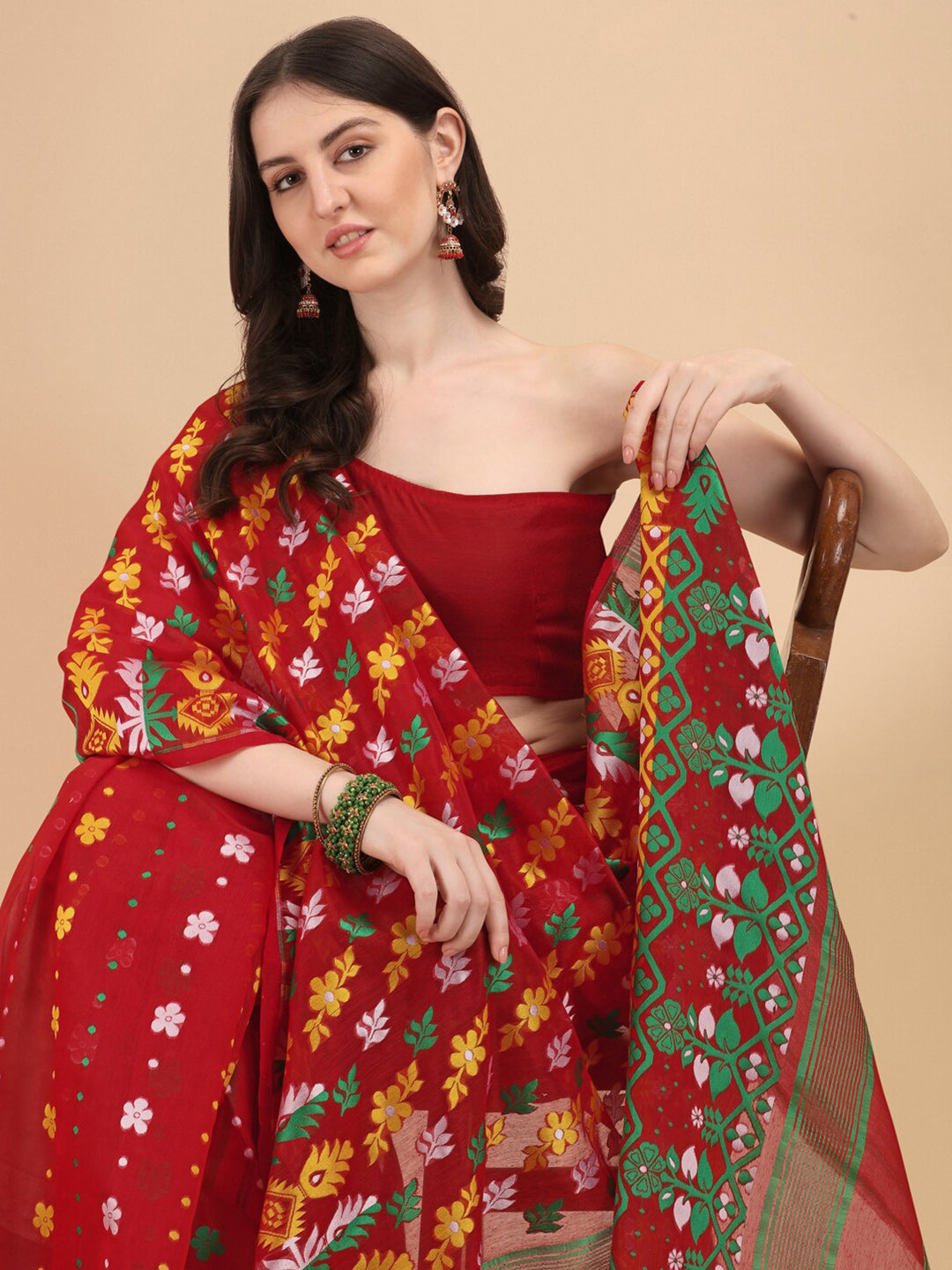 Kalini Red & Green Ethnic Motifs Silk Cotton Fusion Jamdani Saree - Distacart