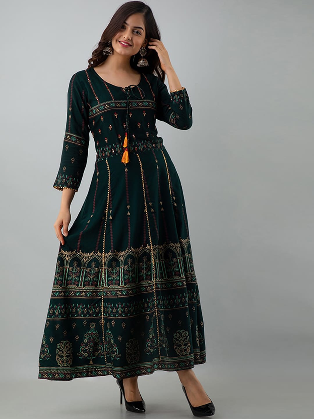 Kalini Women Green & Yellow Ethnic Motifs Printed Thread Work Anarkali Kurta - Distacart