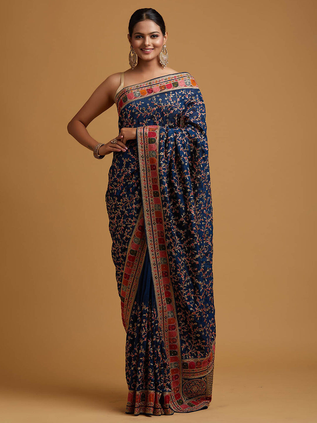 Koskii Blue & Red Floral Zari Art Silk Saree - Distacart