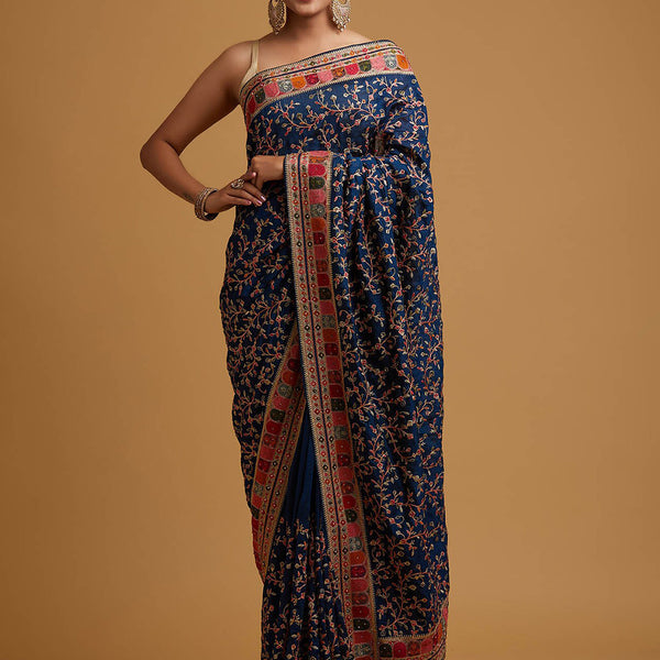 Koskii Blue & Red Floral Zari Art Silk Saree - Distacart