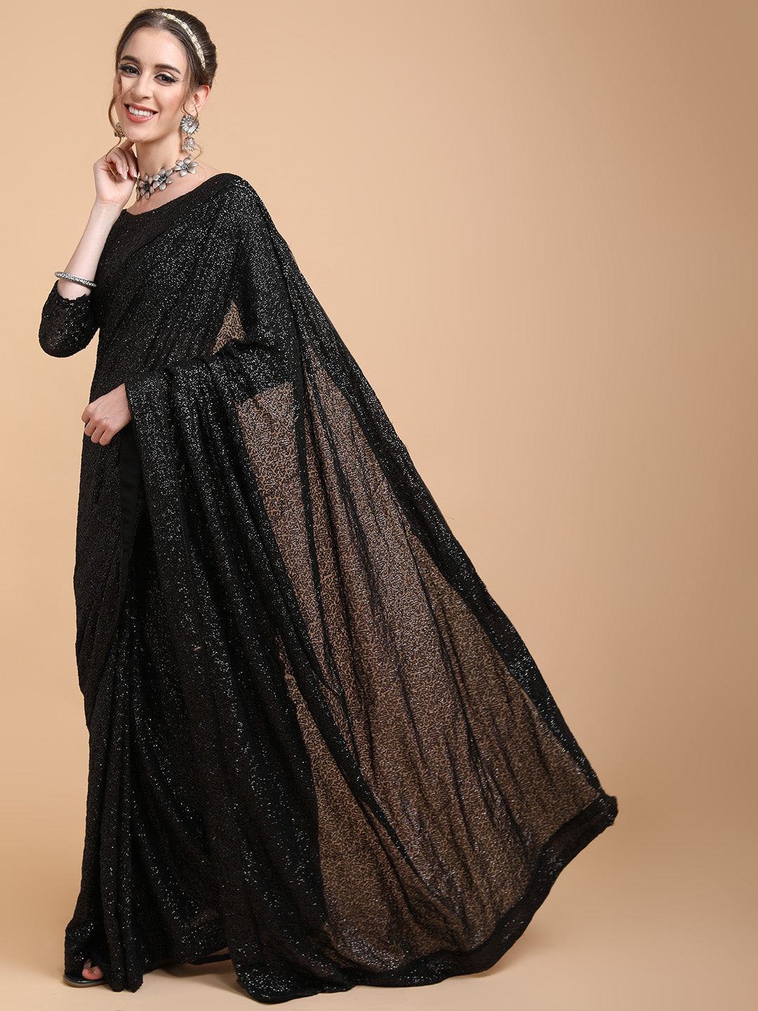 Sangria Women Black Embellished Sequinned Heavy Work Saree - Distacart