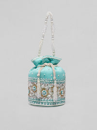 Thumbnail for Rubans Turquoise Blue Embroidered Potli Clutch - Distacart