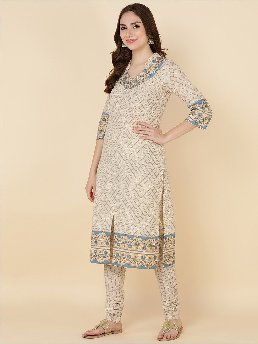 HERE&NOW Women Beige Printed Pure Cotton Kurta with Churidar & With Dupatta - Distacart