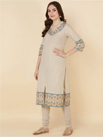 Thumbnail for HERE&NOW Women Beige Printed Pure Cotton Kurta with Churidar & With Dupatta - Distacart