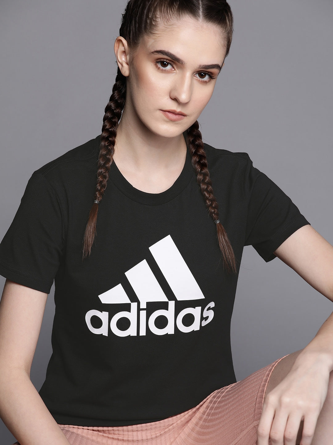 Adidas Women Black & White Brand Logo Printed T-shirt - Distacart