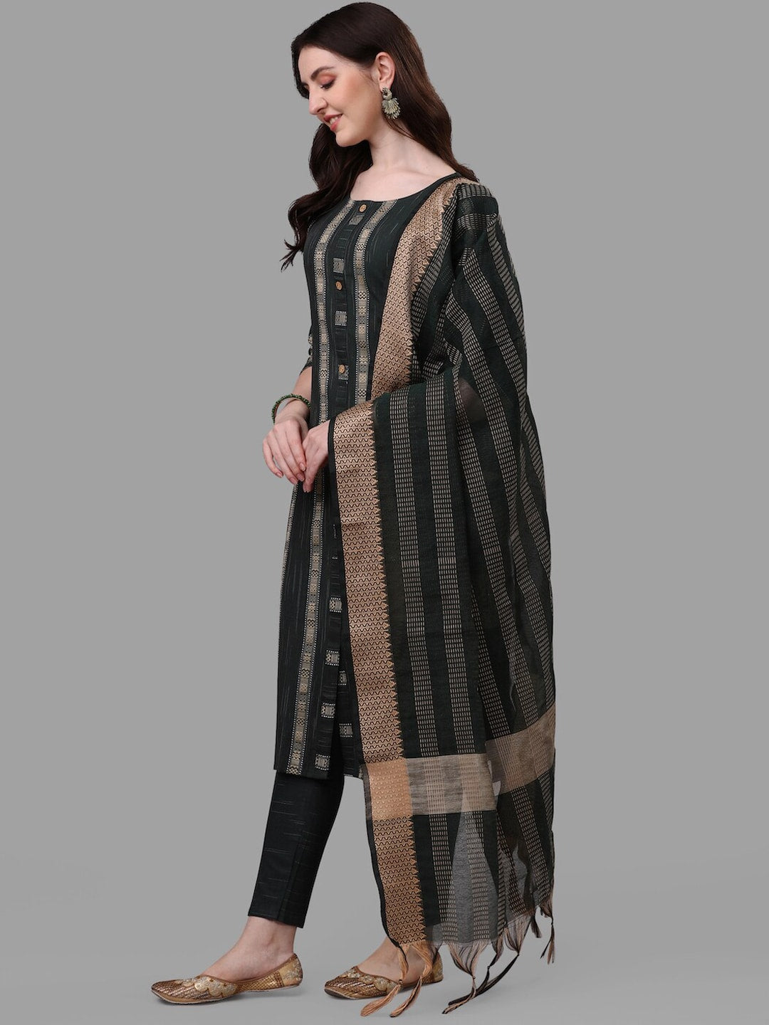HERE&NOW Green Striped Pure Cotton Kurta With Trousers & Dupatta - Distacart