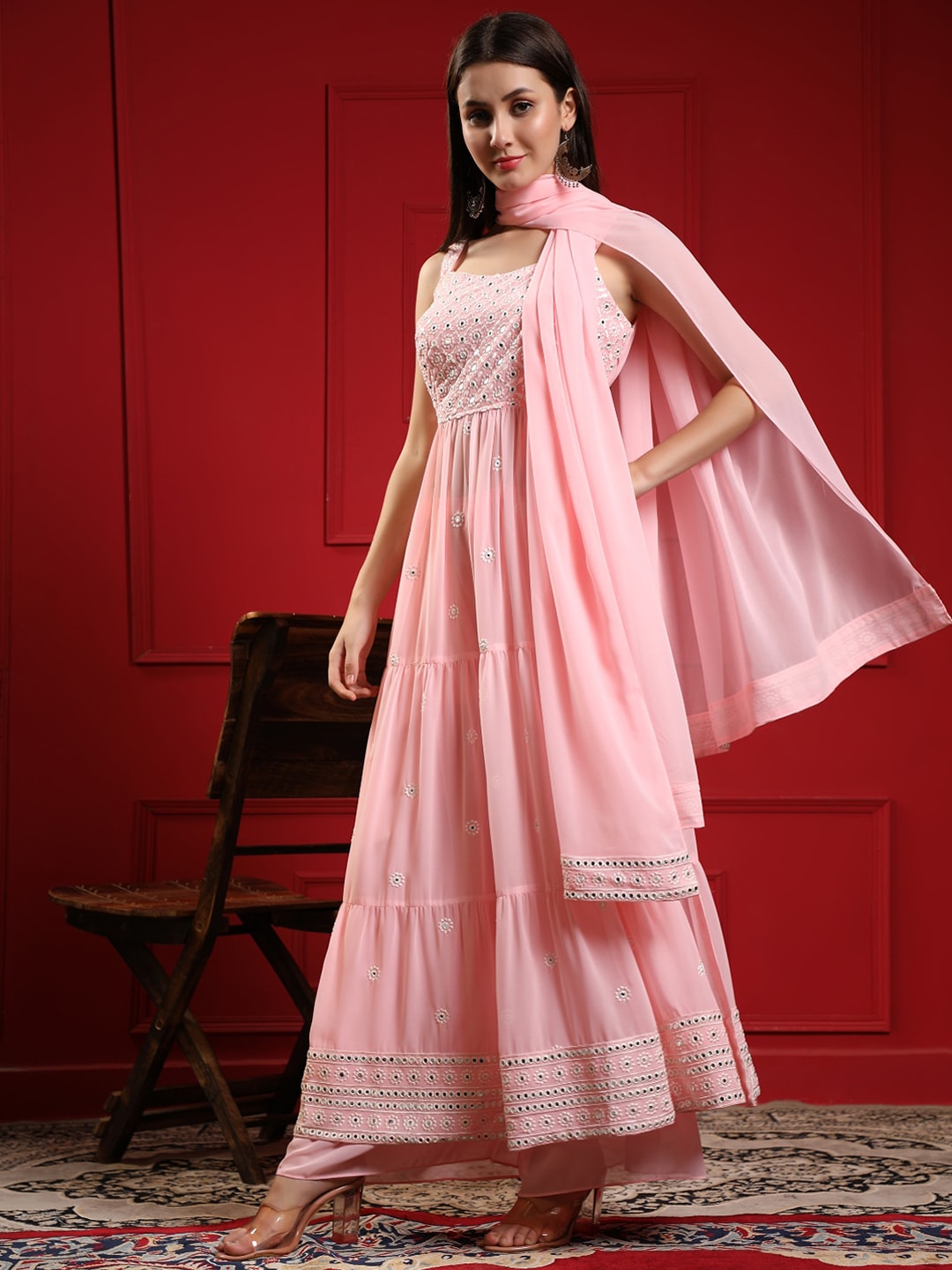 Kalini Women Pink Floral Embroidered Pleated Mirror Work Kurta with Sharara & With Dupatta - Distacart