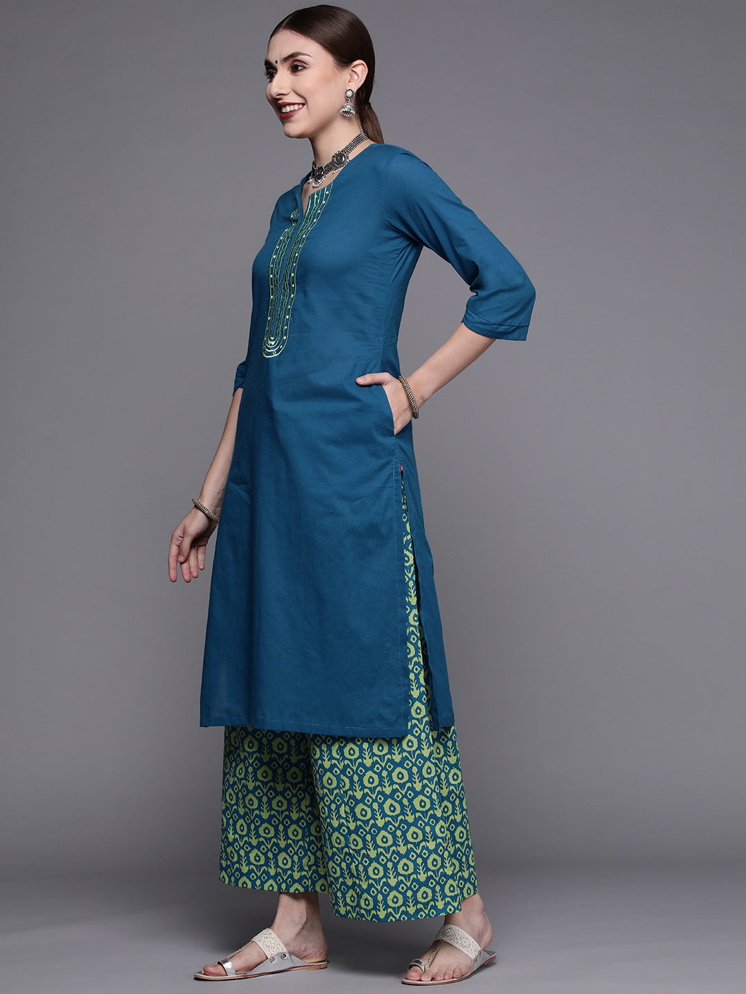 Biba Women Blue & Green Yoke Design Pure Cotton Kurta with Palazzos & Dupatta - Distacart