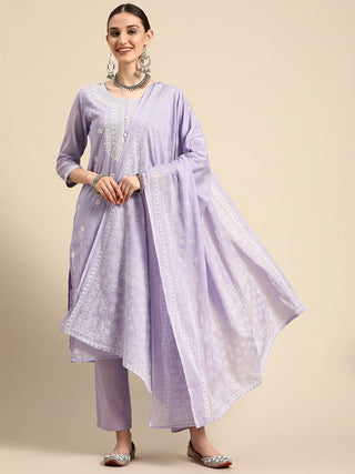Sangria Women Floral Embroidered Pure Cotton Kurta with Trousers & With Dupatta - Distacart
