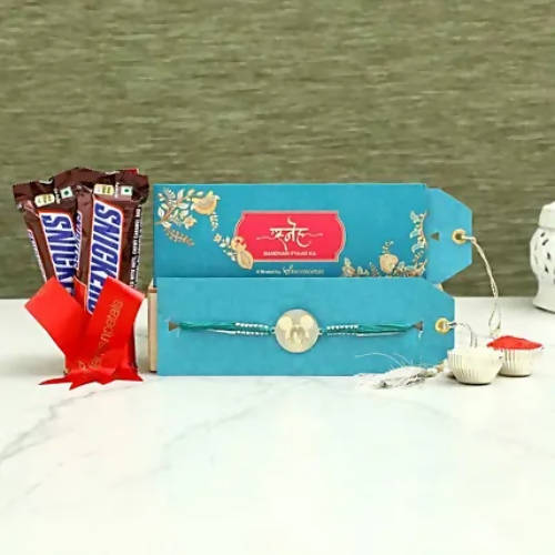 Cute Mickey Metal Rakhi & Snickers Peanut Filled Chocolates - Distacart
