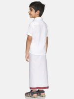 Thumbnail for Sethukrishna Boys White & Red Pure Cotton Solid Shirt and Veshti Set - Distacart
