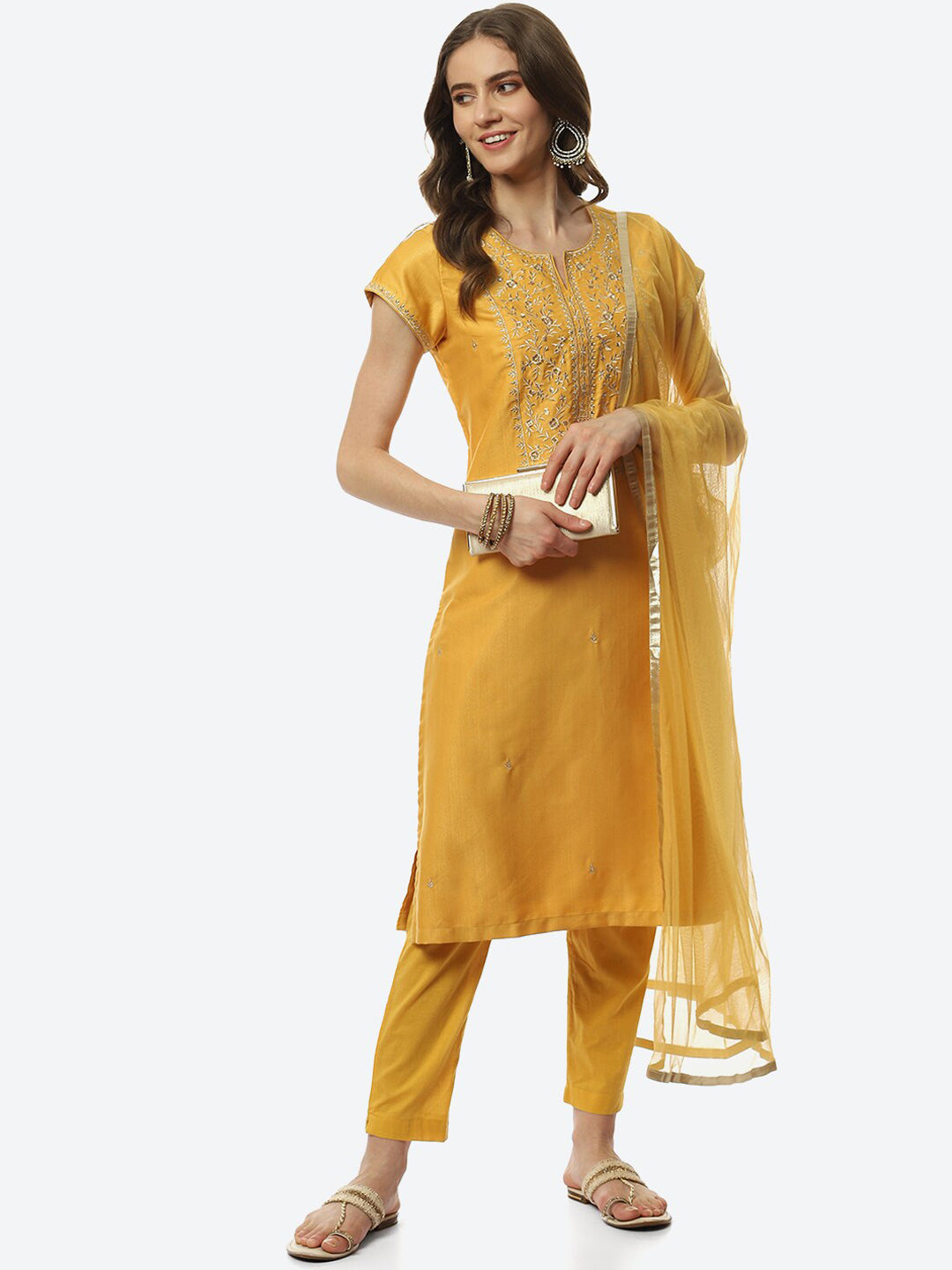 Biba Women Mustard Yellow Floral Embroidered Kurta with Trousers & With Dupatta - Distacart