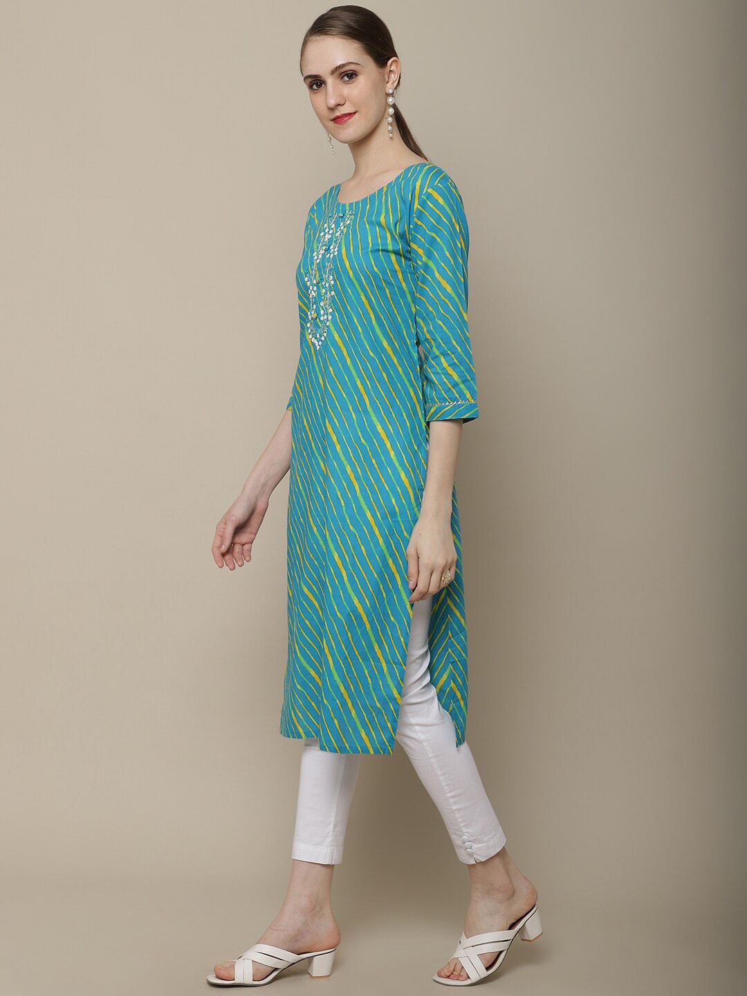 Sangria Women Blue & Yellow Leheriya Dyed Thread Work Kurta - Distacart