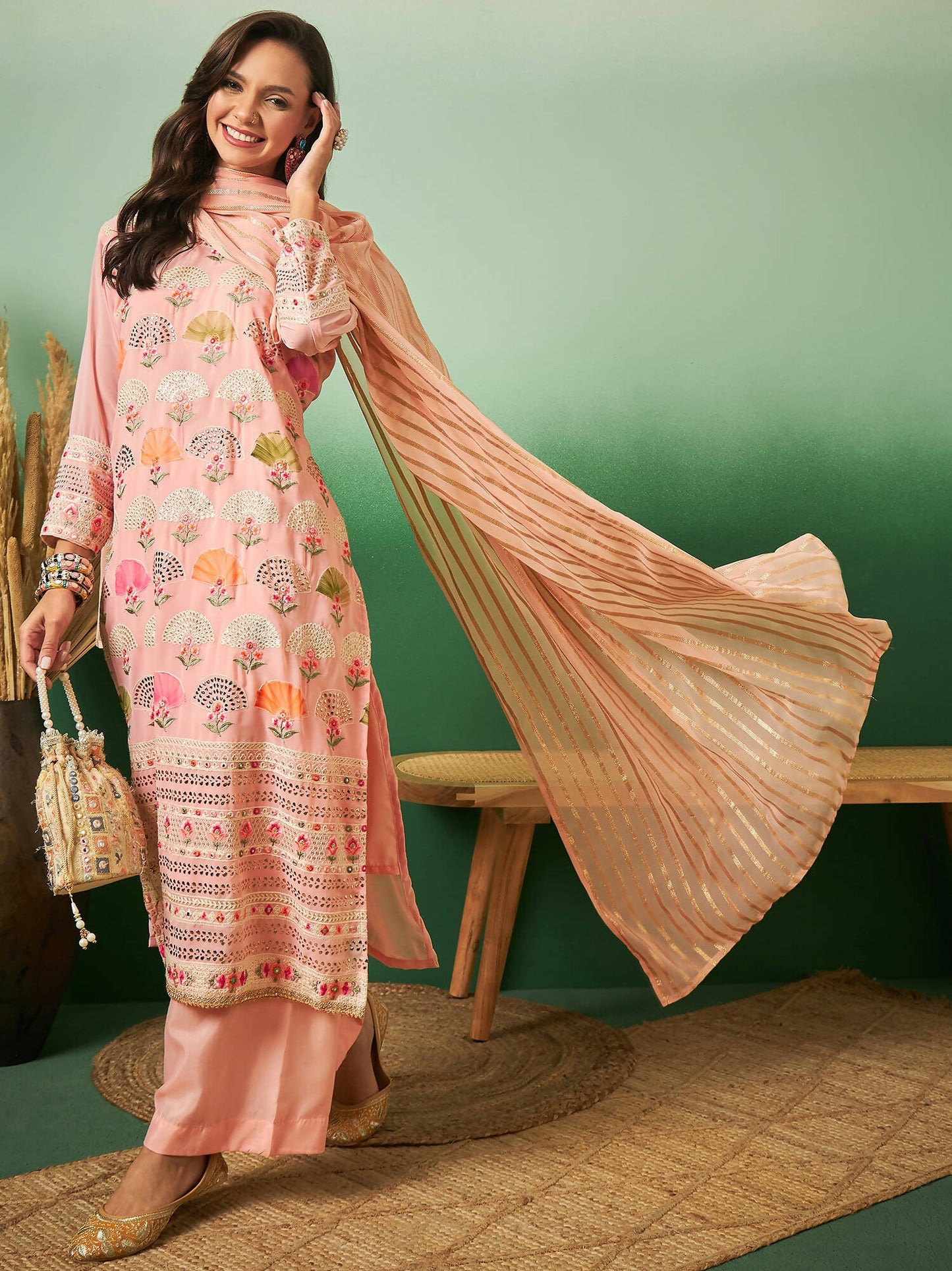 Peach Georgette Handwork Unstitched Dress Material - Hanika - Distacart