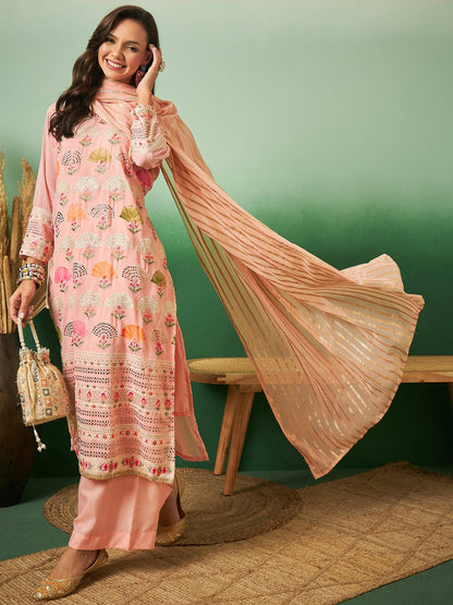 Peach Georgette Handwork Unstitched Dress Material - Hanika - Distacart