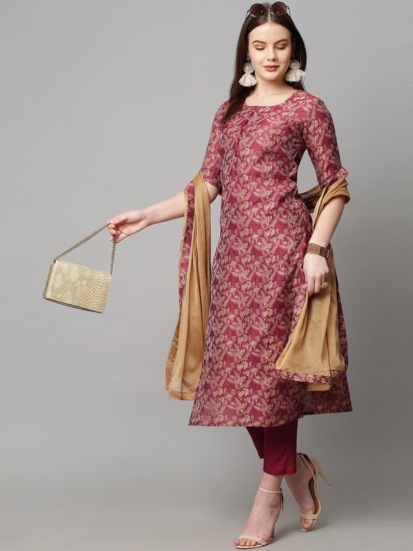 Kalini Women Red Floral Woven Kurta with Trousers & Dupatta - Distacart