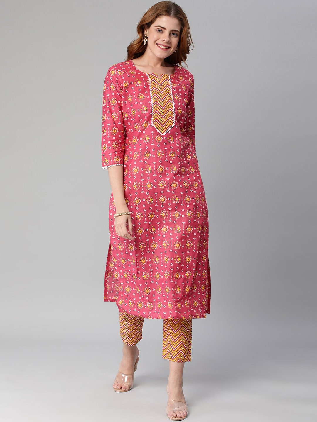 Kalini Ethnic Motif Printed Notched Neck Gotta Patti Straight Kurta With Trousers - Distacart
