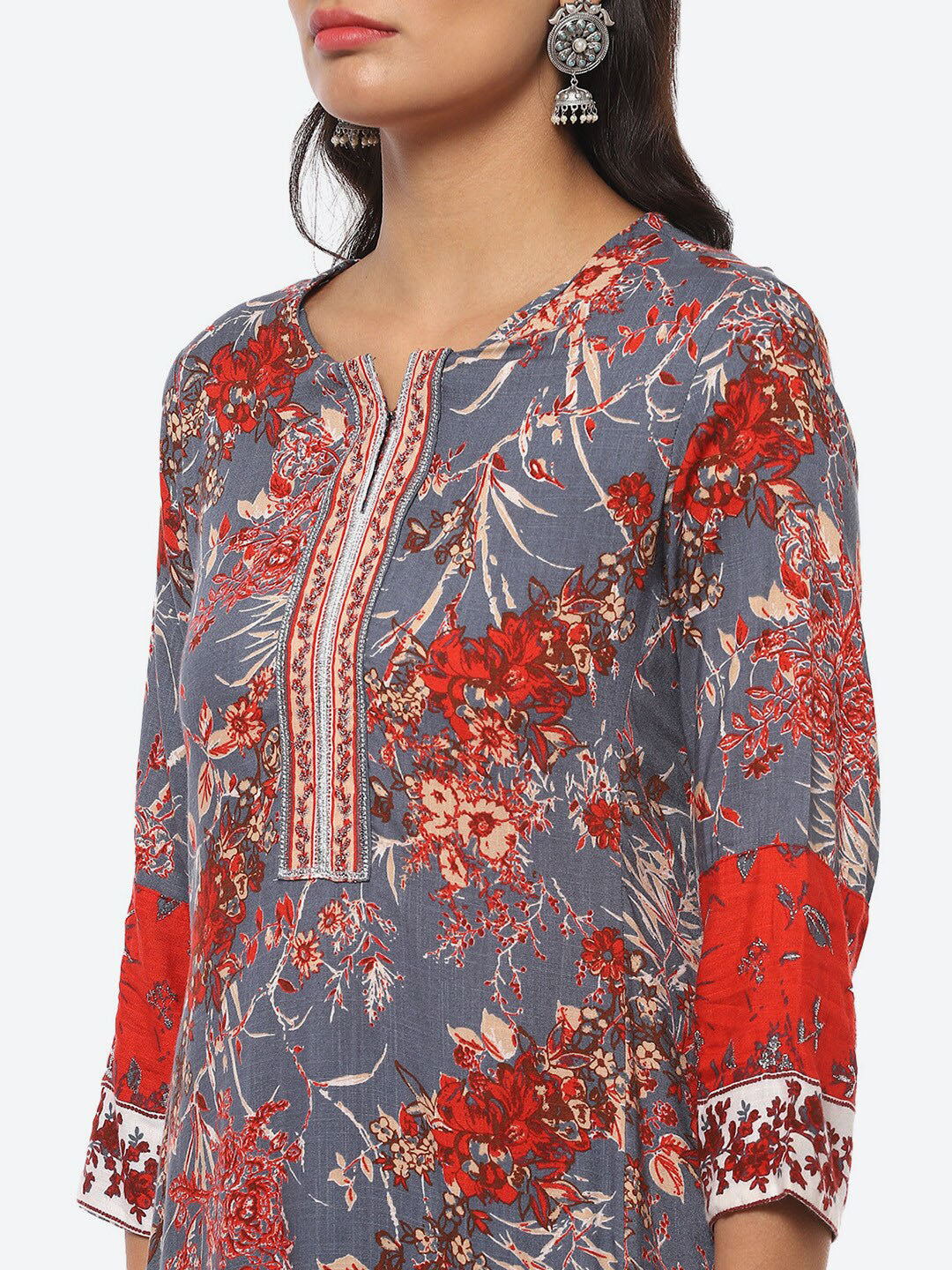 Biba Notch Neck Floral Printed Straight Kurta With Palazzos & Dupatta - Distacart