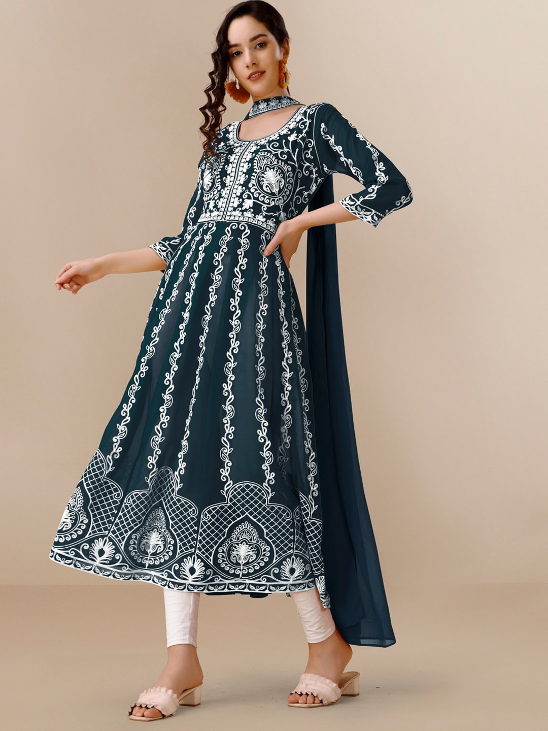 HERE&NOW Teal & White Ethnic Motifs Embroidered Chikankari Kurta & Dupatta - Distacart