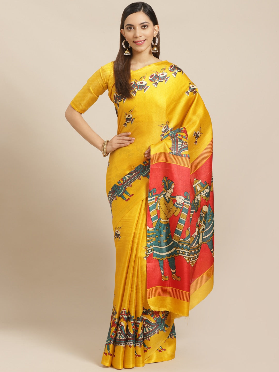 Saree Mall Mustard Yellow & Blue Printed Saree - Distacart